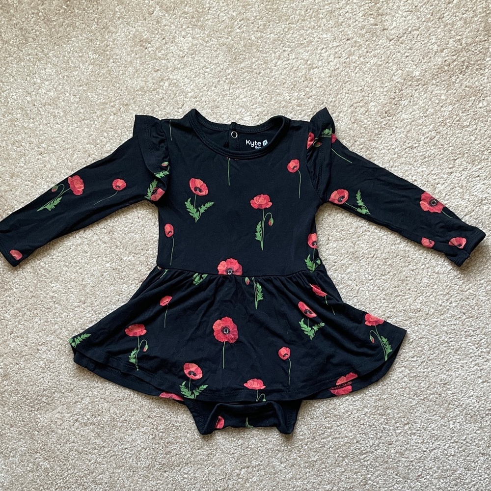 Kyte BABY Long sleeve twirl bodysuit dress in Poppy Print